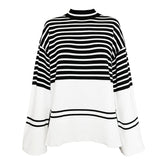 Chic High Neck Drop Shoulder Black And Beige Striped Sweater